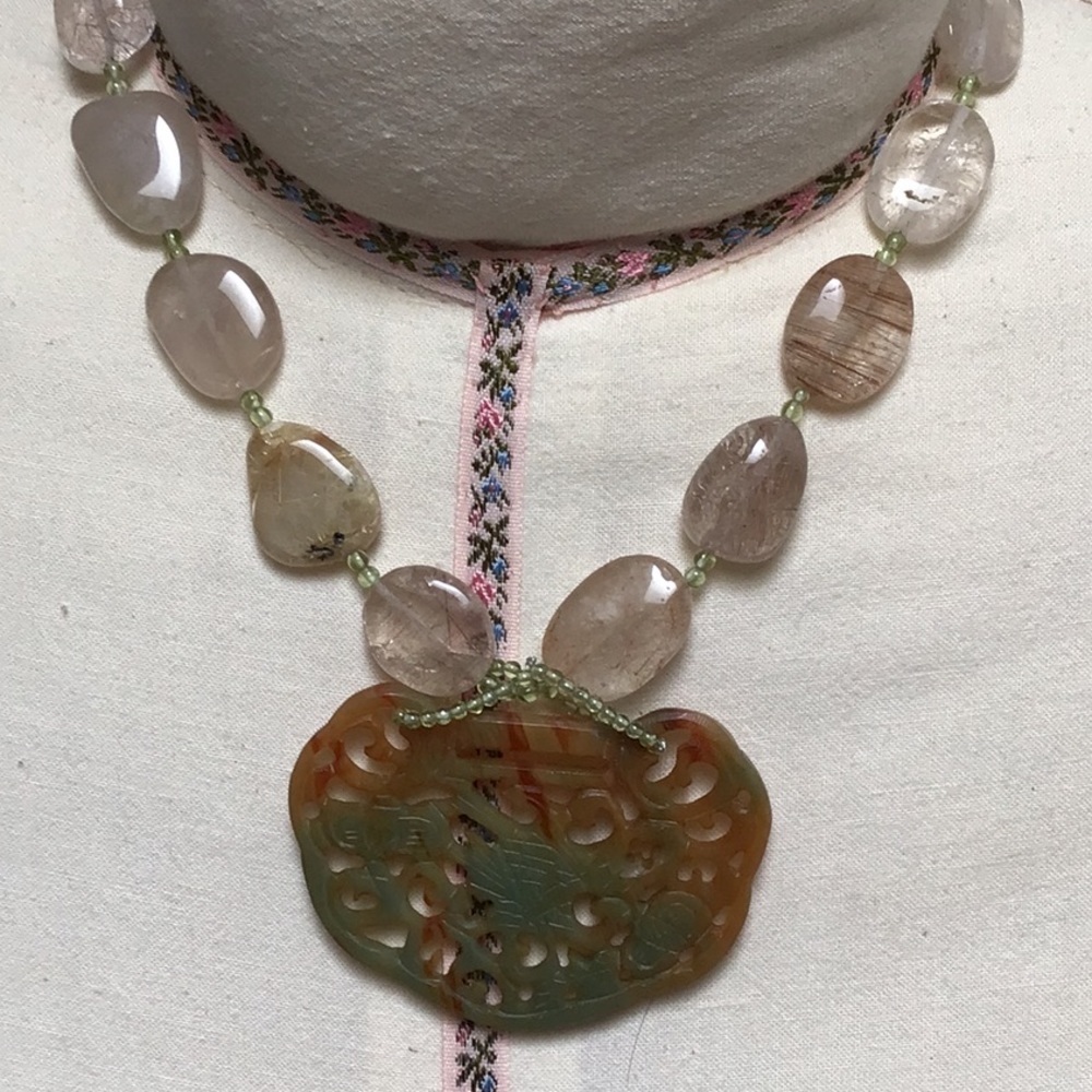 Quartz necklace, bracelet, & earrings, accented w/ jade pendant & glass beads